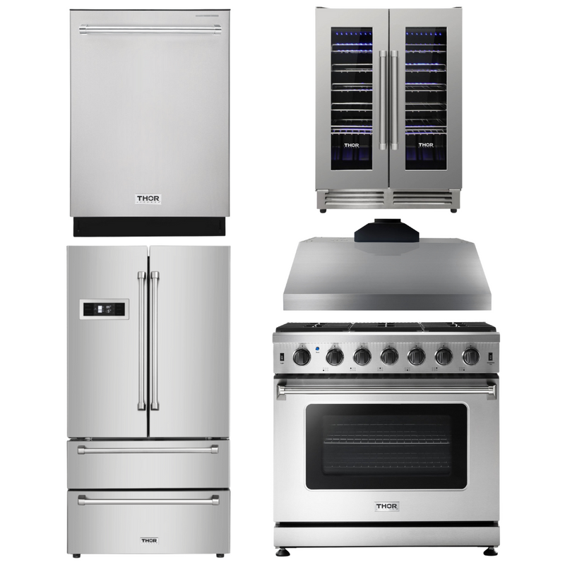 Thor Kitchen Package - 36 in. Propane Gas Range, Range Hood, Refrigerator, Dishwasher, Wine Cooler, AP-LRG3601ULP-TRH-3