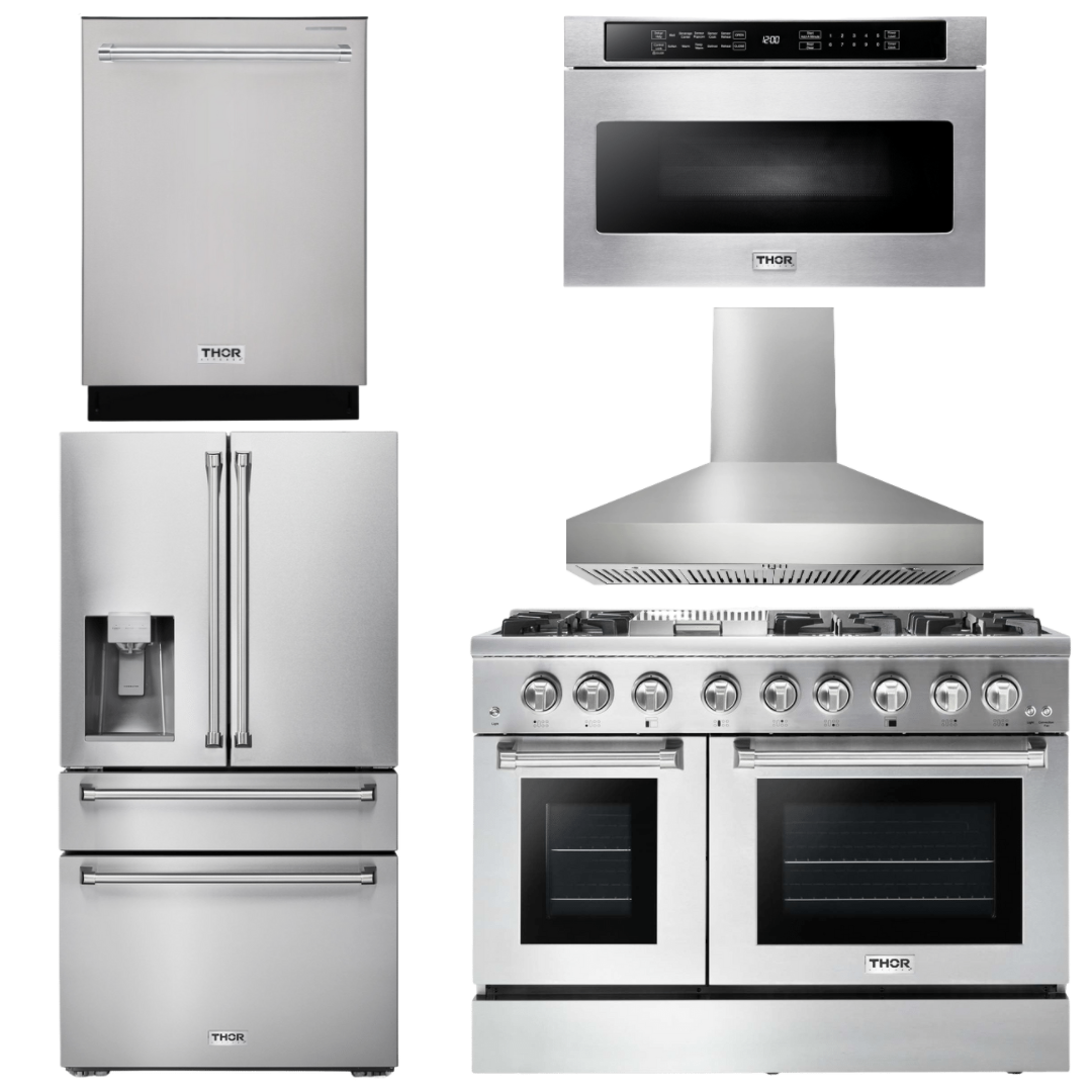 Thor Kitchen Package - 48 In. Dual Fuel Range, Range Hood, Refrigerator with Water and Ice Dispenser, Dishwasher, Microwave Drawer, AP-HRD4803U-W-9