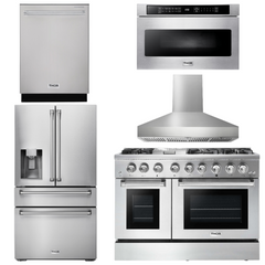 Thor Kitchen Package - 48 In. Dual Fuel Range, Range Hood, Refrigerator with Water and Ice Dispenser, Dishwasher, Microwave Drawer, AP-HRD4803U-W-9