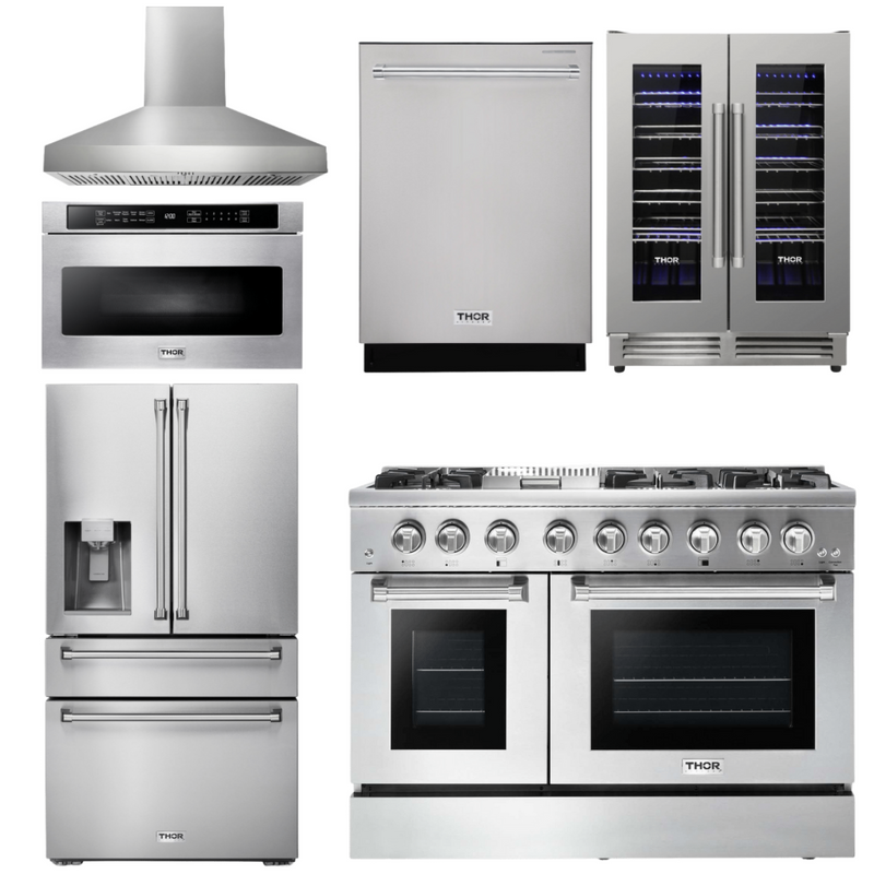 Thor Kitchen Package - 48 In. Dual Fuel Range, Range Hood, Refrigerator with Water and Ice Dispenser, Dishwasher, Microwave Drawer, Wine Cooler, AP-HRD4803U-W-10