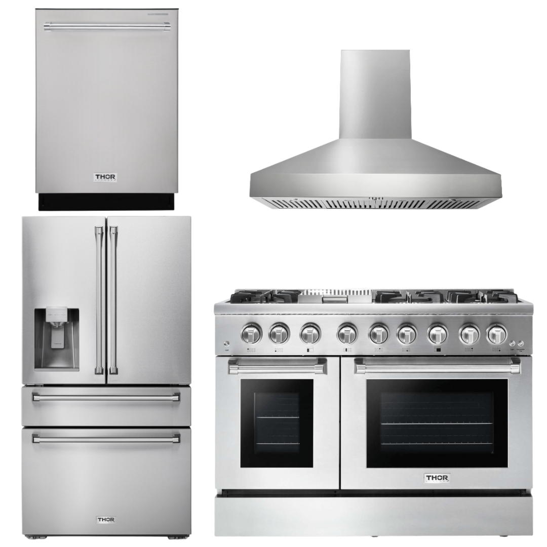 Thor Kitchen Package - 48 In. Propane Gas Burner, Electric Oven Range, Range Hood, Refrigerator, Dishwasher, AP-HRD4803ULP-W-7