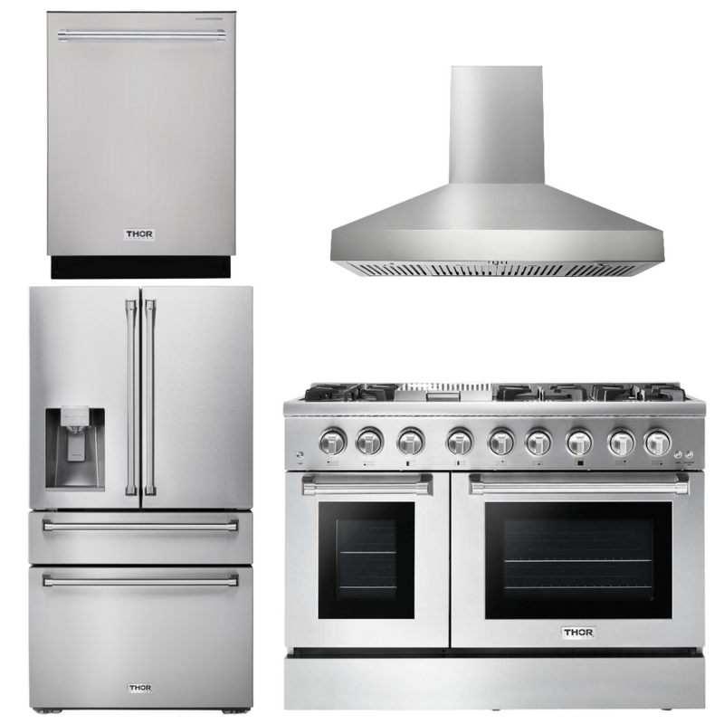 Thor Kitchen Package - 48 In. Propane Gas Burner, Electric Oven Range, Range Hood, Refrigerator, Dishwasher, AP-HRD4803ULP-W-7