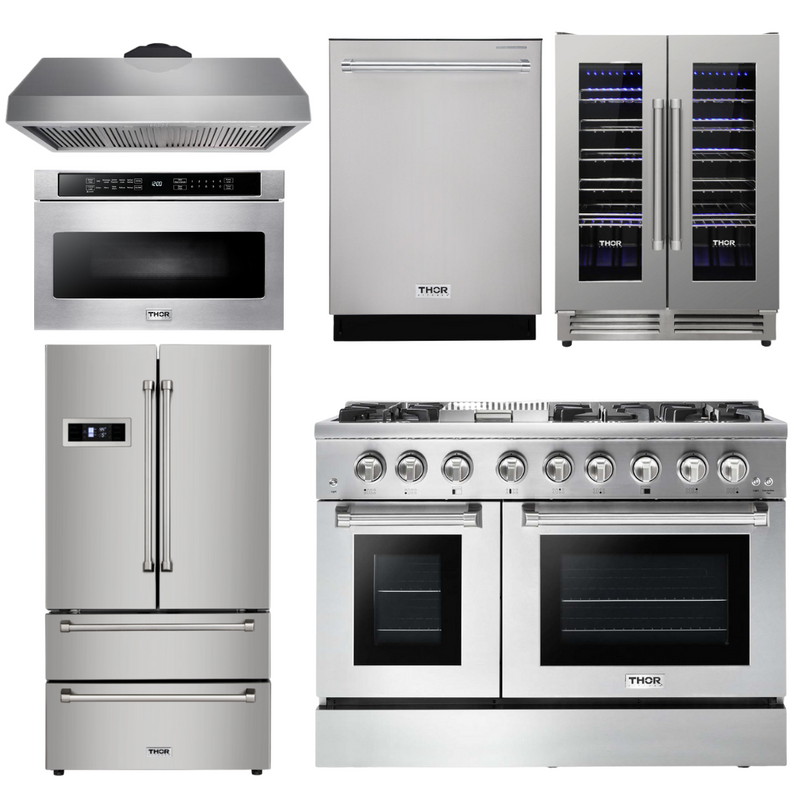 Thor Kitchen Package - 48 In. Propane Gas Burner and Electric Oven Range, Range Hood, Refrigerator, Dishwasher, Microwave Drawer, Wine Cooler, AP-HRD4803ULP-8