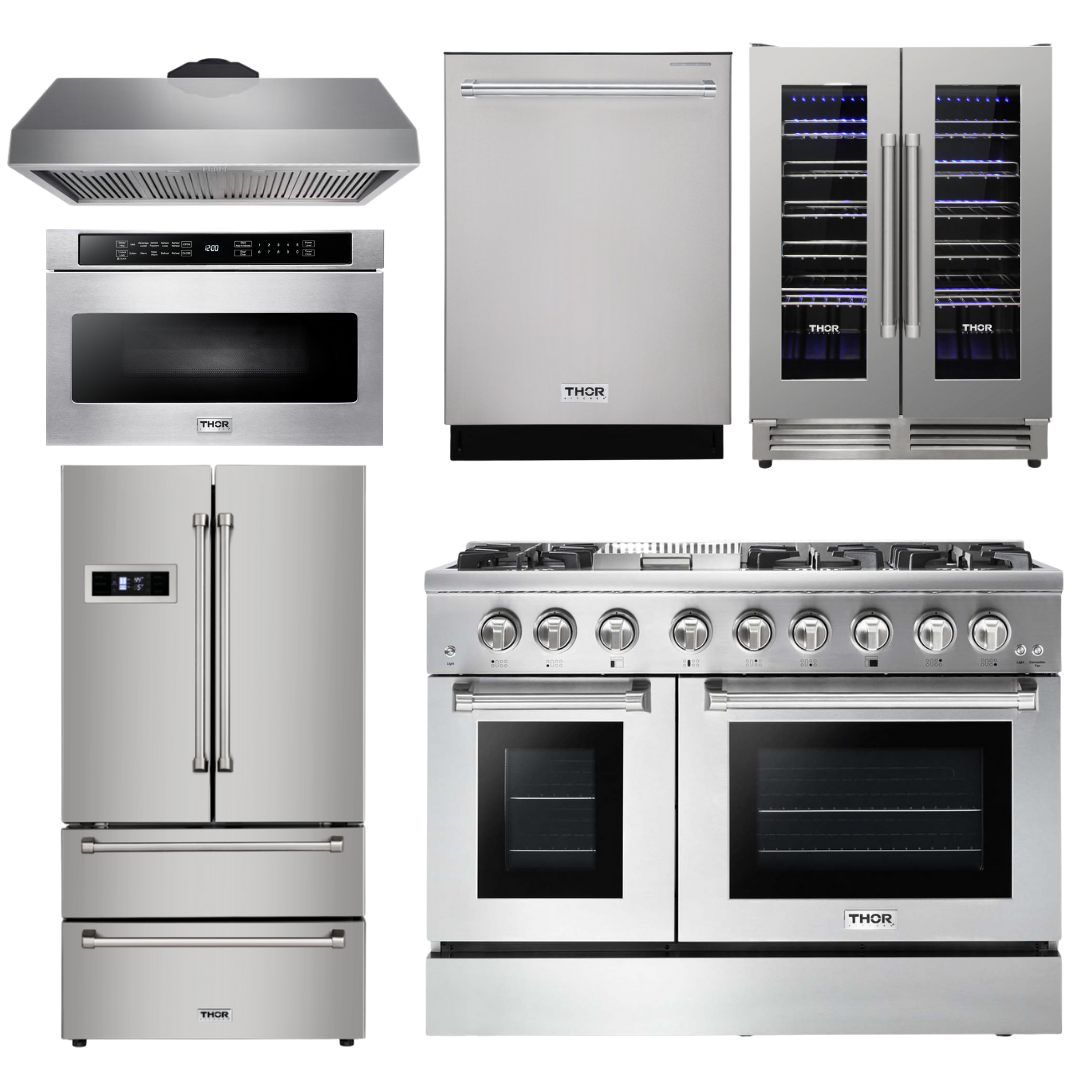 Thor Kitchen Package - 48 in. Dual Fuel Range, Range Hood, Refrigerator, Dishwasher, Microwave Drawer, Wine Cooler, AP-HRD4803U-8