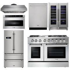 Thor Kitchen Package - 48 in. Dual Fuel Range, Range Hood, Refrigerator, Dishwasher, Microwave Drawer, Wine Cooler, AP-HRD4803U-8