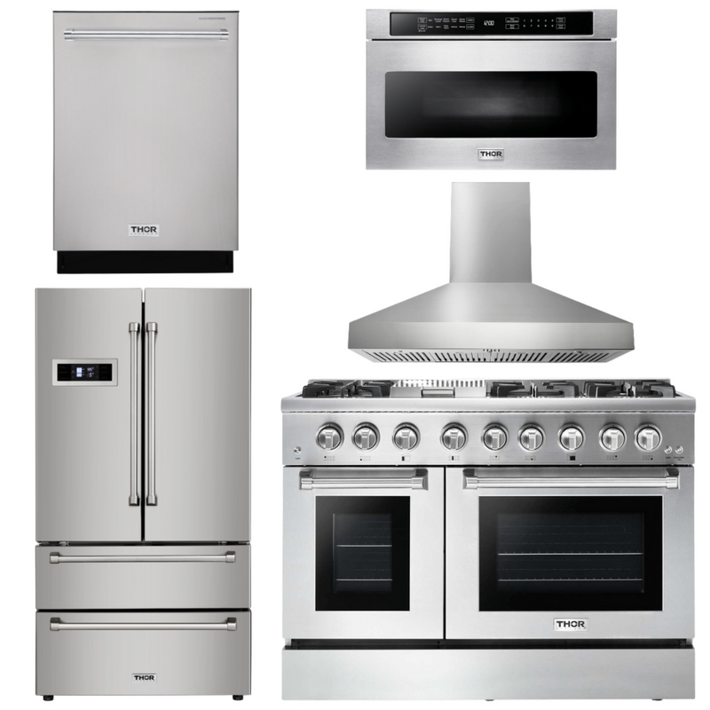 Thor Kitchen Package - 48 in. Dual Fuel Range, Range Hood, Refrigerator, Dishwasher, Microwave Drawer, AP-HRD4803ULP-W-5