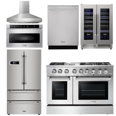 Thor Kitchen Package - 48 in. Dual Fuel Range, Range Hood, Refrigerator, Dishwasher, Microwave Drawer, Wine Cooler, AP-HRD4803U-W-6