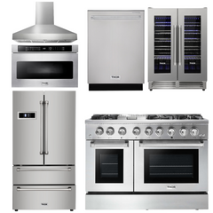 Thor Kitchen Package - 48 in. Dual Fuel Range, Range Hood, Refrigerator, Dishwasher, Microwave Drawer, Wine Cooler, AP-HRD4803ULP-W-6