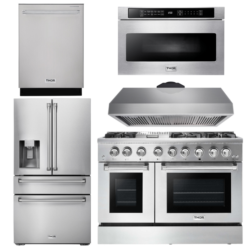 Thor Kitchen Package - 48 In. Dual Fuel Range, Range Hood, Refrigerator with Water and Ice Dispenser, Dishwasher, Microwave Drawer, AP-HRD4803U-13