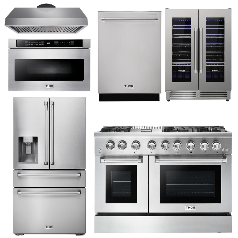 Thor Kitchen Package - 48 In. Dual Fuel Range, Range Hood, Refrigerator with Water and Ice Dispenser, Dishwasher, Microwave Drawer, Wine Cooler, AP-HRD4803U-14