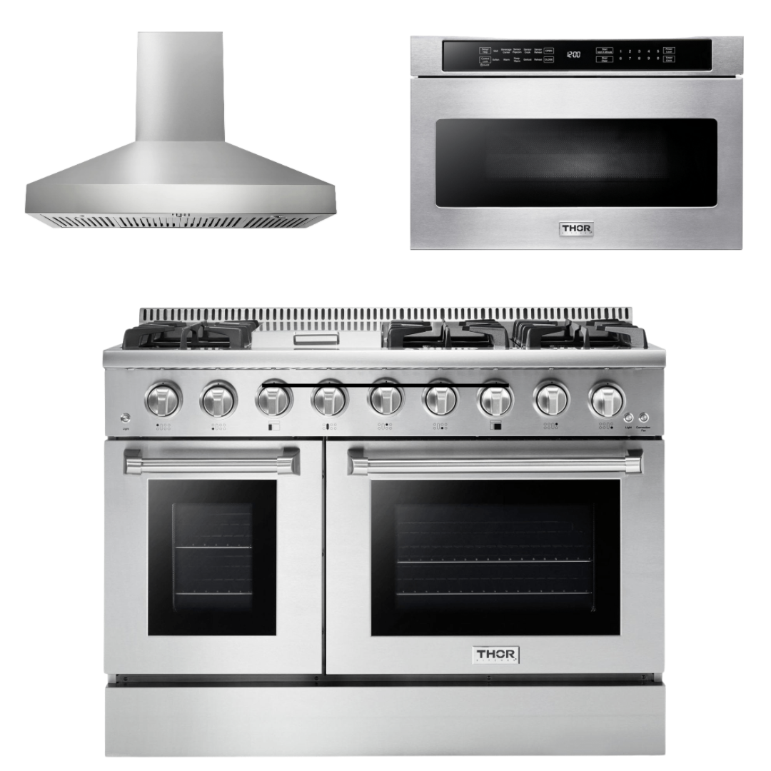 Thor Kitchen Package - 48 in. Propane Gas Burner, Electric Oven Range, Range Hood, Microwave Drawer, AP-HRD4803ULP-W-4