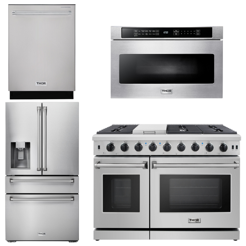 Thor Kitchen Package - 48 in. Propane Gas Range, Dishwasher, Refrigerator with Water and Ice Dispenser, Microwave Drawer, AP-LRG4807ULP-12