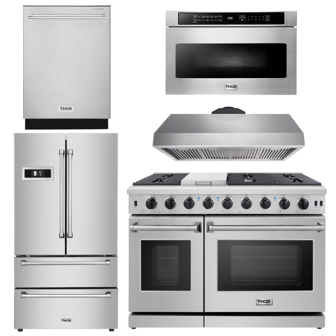 Thor Kitchen Set - 48 in. Gas Range, Range Hood, Dishwasher, Refrigerator, Microwave Drawer, AS-LRG4807U-7