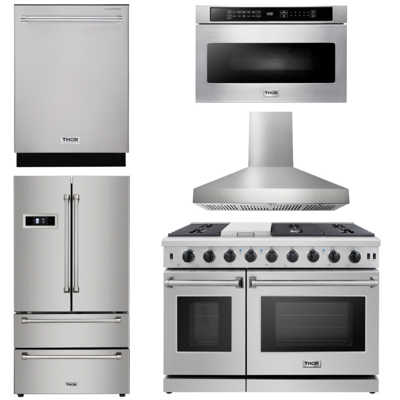 Thor Kitchen Appliance Set - 48 in. Gas Range, Range Hood, Dishwasher, Refrigerator, Microwave Drawer, AS-LRG4807U-W-5