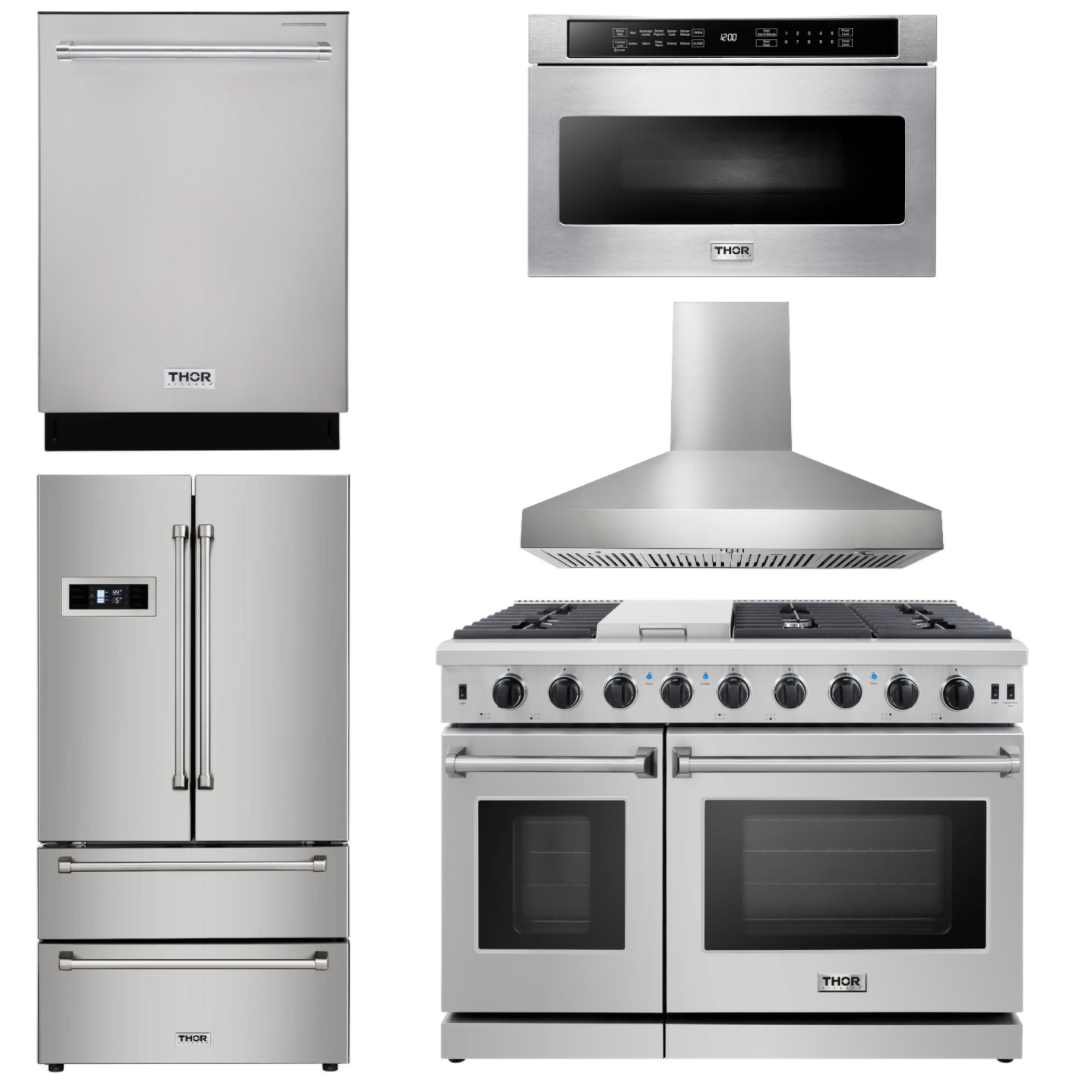 Thor Kitchen Bundle - 48 in. Propane Gas Range, Range Hood, Dishwasher, Refrigerator, Microwave Drawer, AB-LRG4807ULP-W-5