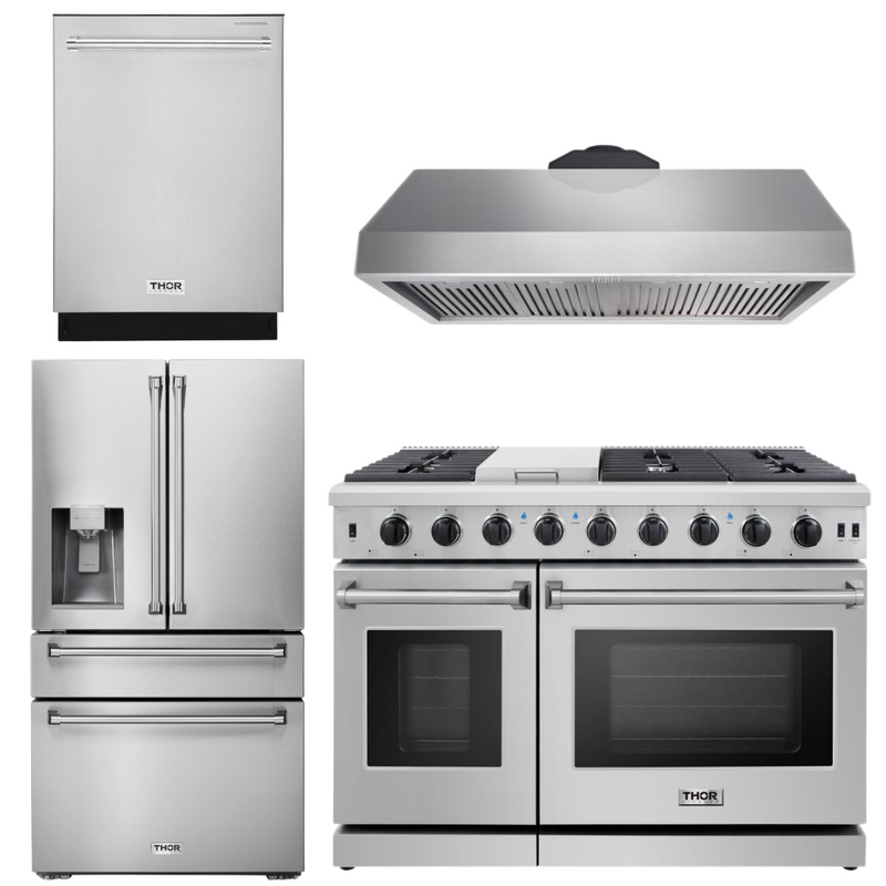 Thor Kitchen Package - 48 in. Propane Gas Range, Range Hood, Dishwasher, Refrigerator with Water and Ice Dispenser, AP-LRG4807ULP-10