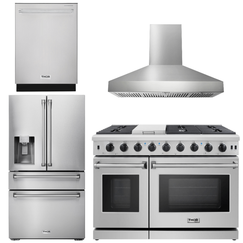 Thor Kitchen Package - 48 in. Gas Range, Range Hood, Dishwasher, Refrigerator with Water and Ice Dispenser, AP-LRG4807U-W-7