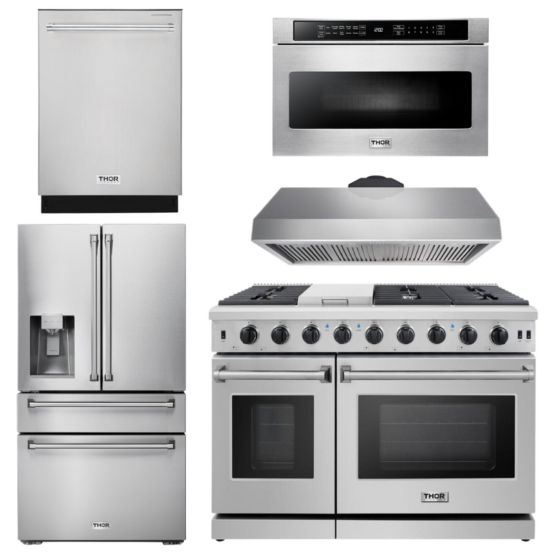 Thor Kitchen Package - 48 in. Propane Gas Range, Range Hood, Dishwasher, Refrigerator with Water and Ice Dispenser, Microwave Drawer, AP-LRG4807ULP-13