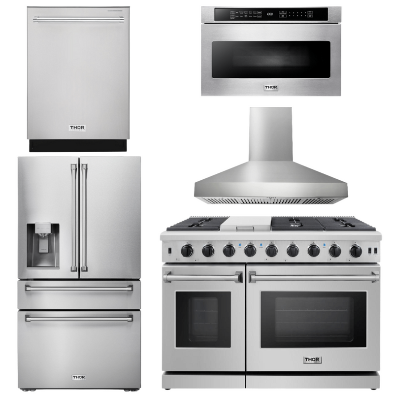 Thor Kitchen Bundle - 48 in. Gas Range, Range Hood, Dishwasher, Refrigerator with Water and Ice Dispenser, Microwave Drawer, AB-LRG4807U-W-9