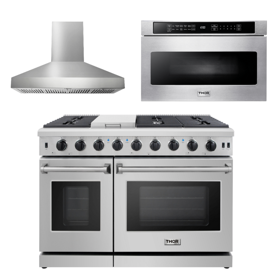 Thor Kitchen Bundle - 48 in. Gas Range, Range Hood, Microwave Drawer, AB-LRG4807U-W-4
