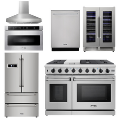 Thor Kitchen Appliance Set - 48 in. Gas Range, Range Hood, Refrigerator, Dishwasher, Wine Cooler, Microwave, AS-LRG4807U-W-6