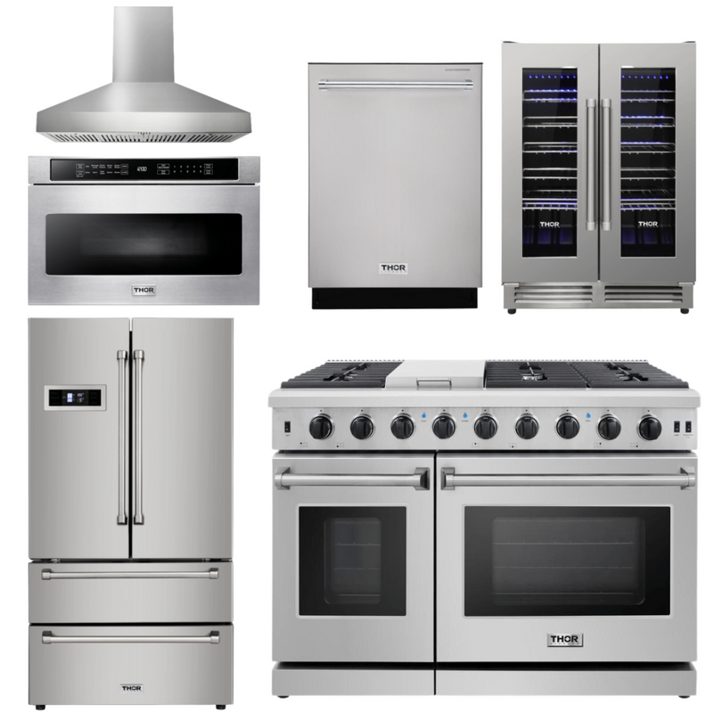 Thor Kitchen Package - 48 in. Propane Gas Range, Range Hood, Refrigerator, Dishwasher, Wine Cooler, Microwave, AP-LRG4807ULP-W-6