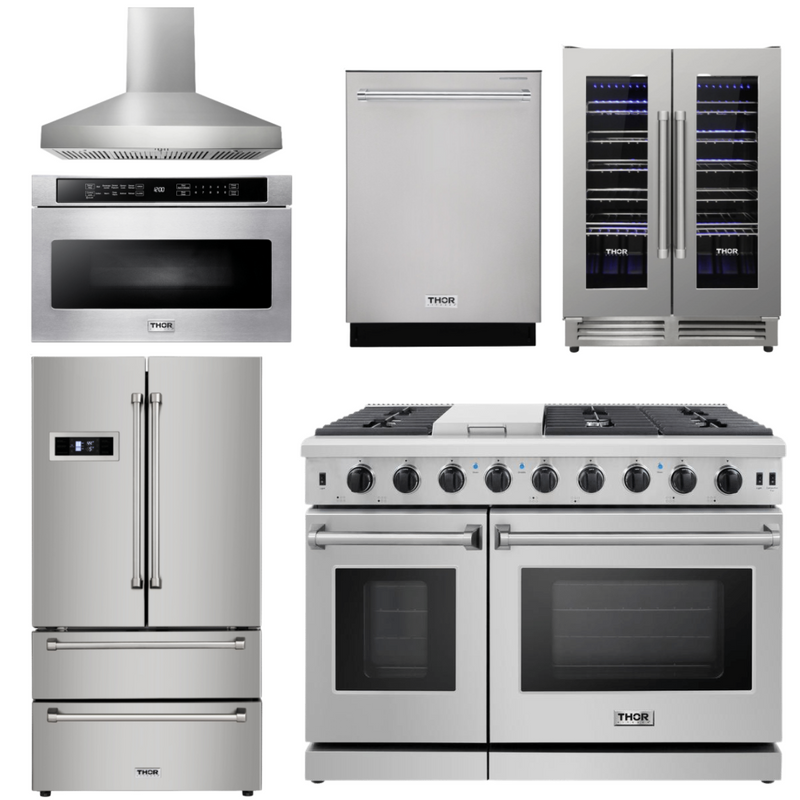 Thor Kitchen Bundle - 48 in. Propane Gas Range, Range Hood, Refrigerator, Dishwasher, Wine Cooler, Microwave, AB-LRG4807ULP-W-6