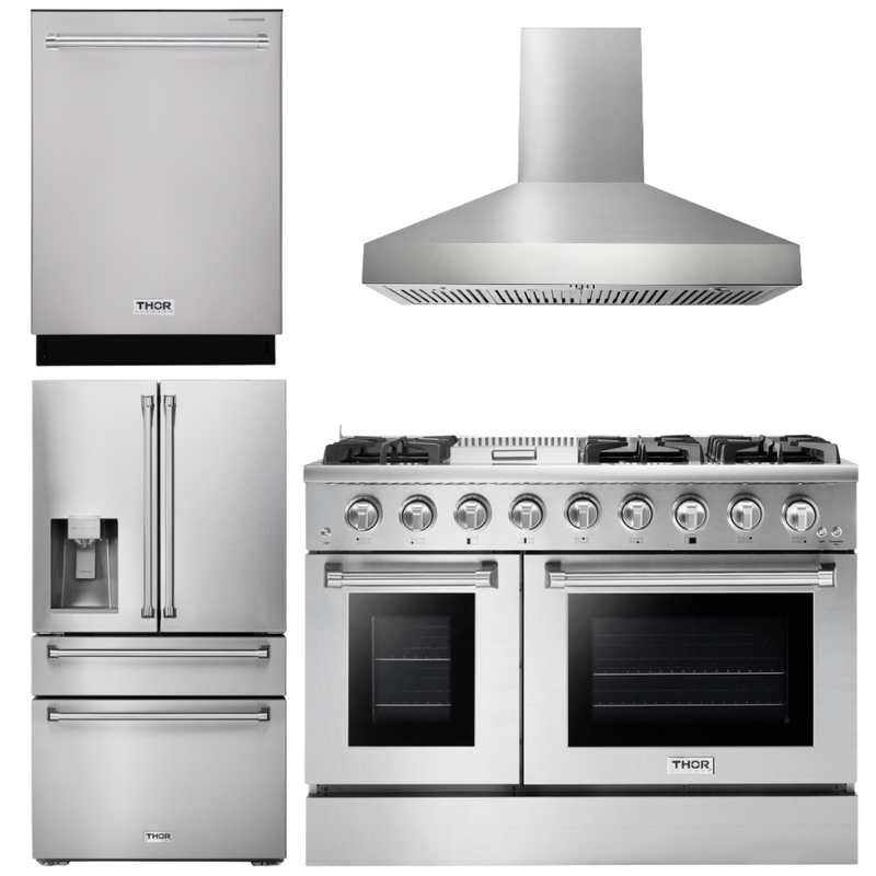 Thor Kitchen Package - 48 in. Propane Gas Range, Range Hood, Refrigerator with Water and Ice Dispenser, Dishwasher, AP-HRG4808ULP-W-7