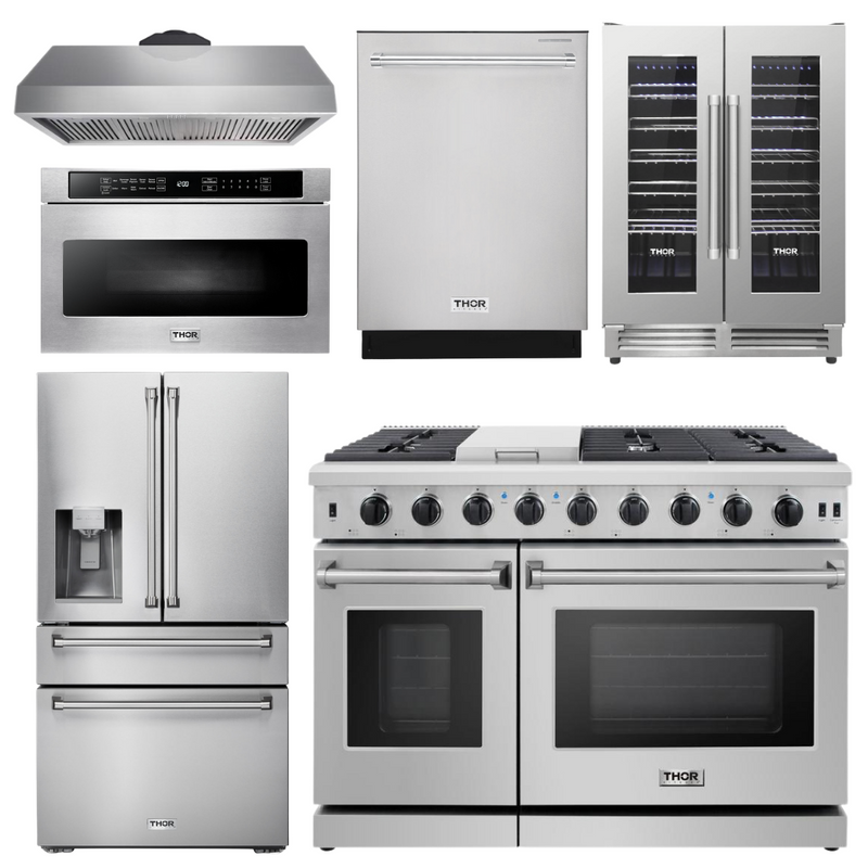 Thor Kitchen Package - 48 in. Propane Gas Range, Range Hood, Refrigerator with Water and Ice Dispenser, Dishwasher, Wine Cooler, Microwave, AP-LRG4807ULP-14