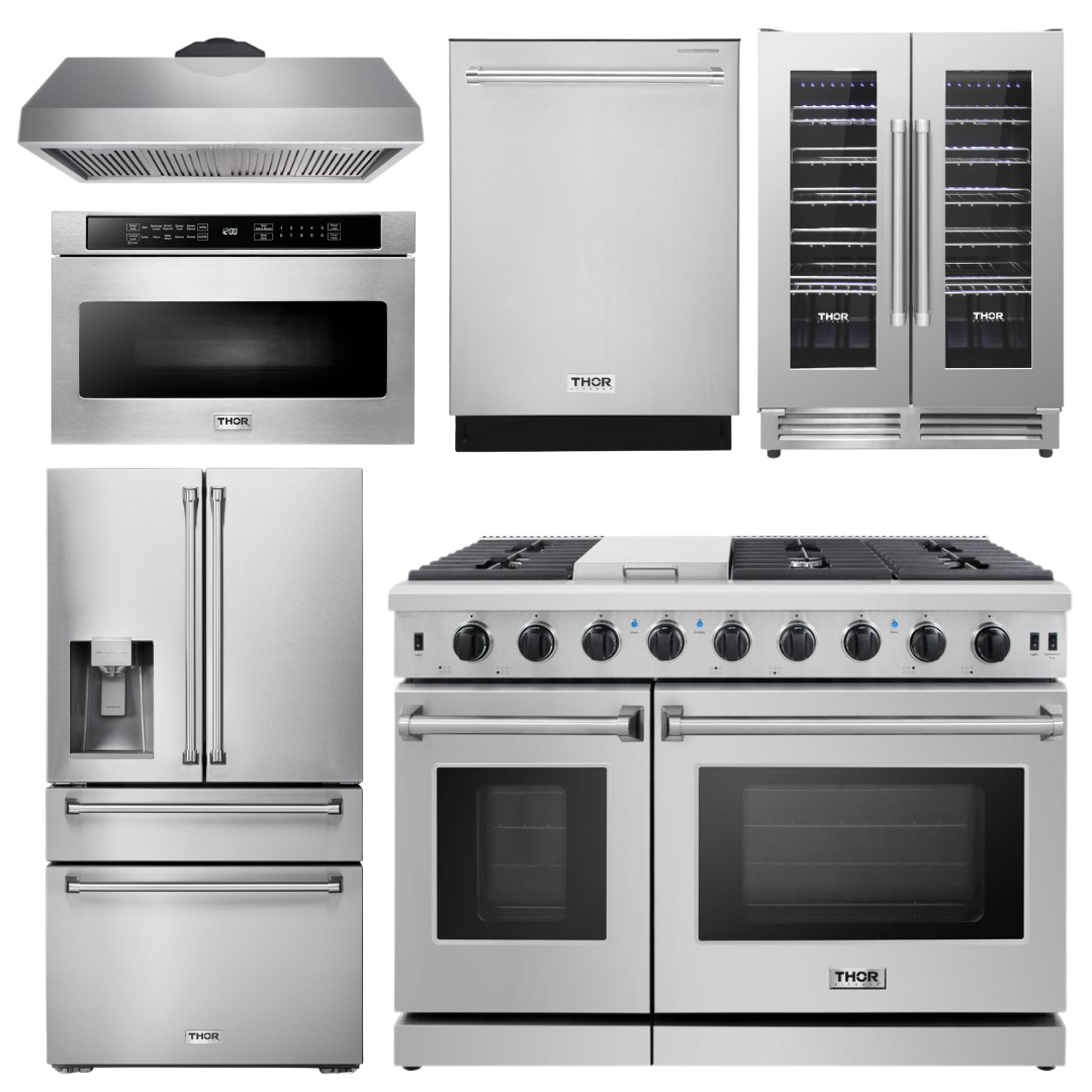 Thor Kitchen Set - 48 in. Gas Range, Range Hood, Refrigerator with Water and Ice Dispenser, Dishwasher, Wine Cooler, Microwave, AS-LRG4807U-14