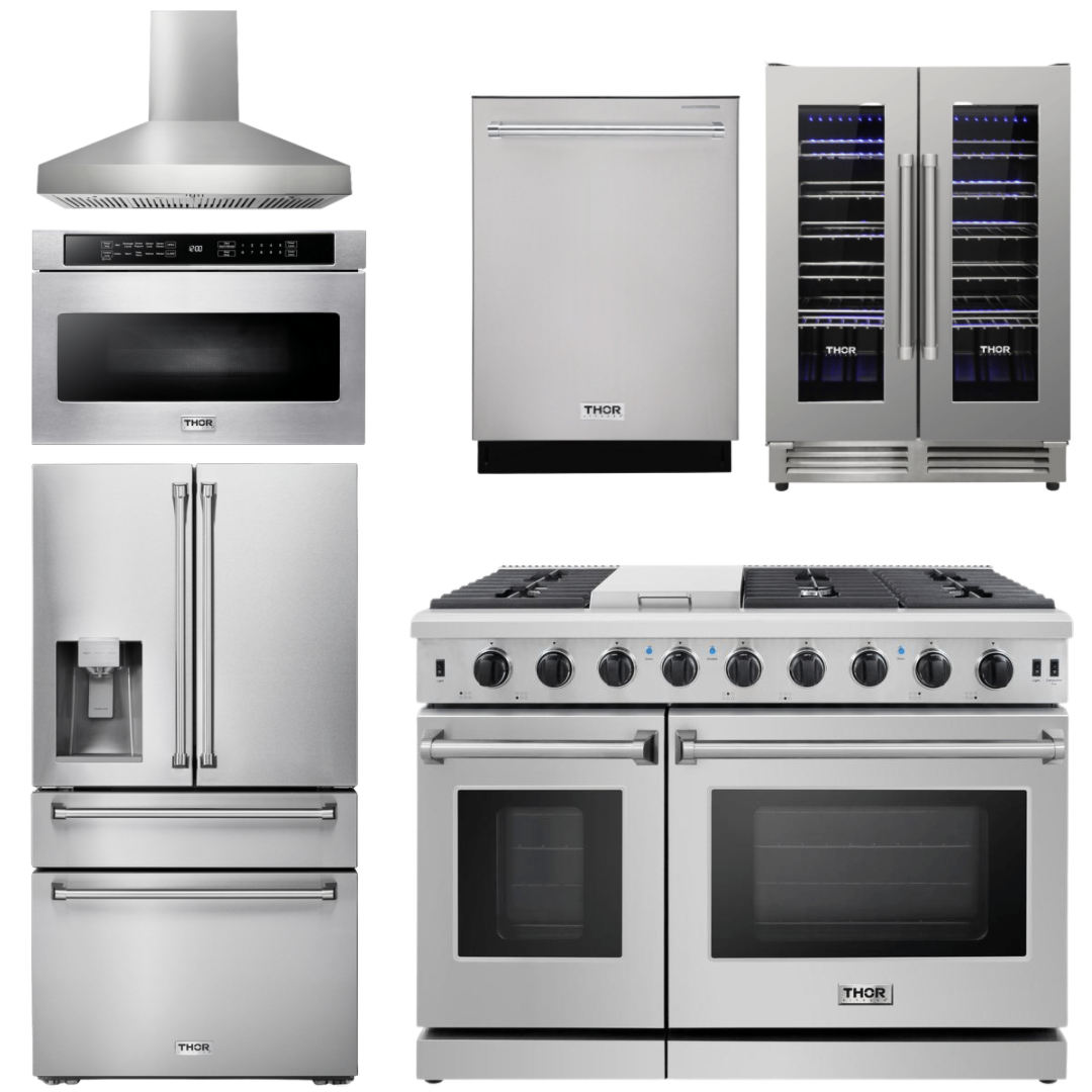 Thor Kitchen Package - 48 in. Gas Range, Range Hood, Refrigerator with Water and Ice Dispenser, Dishwasher, Wine Cooler, Microwave, AP-LRG4807U-W-10