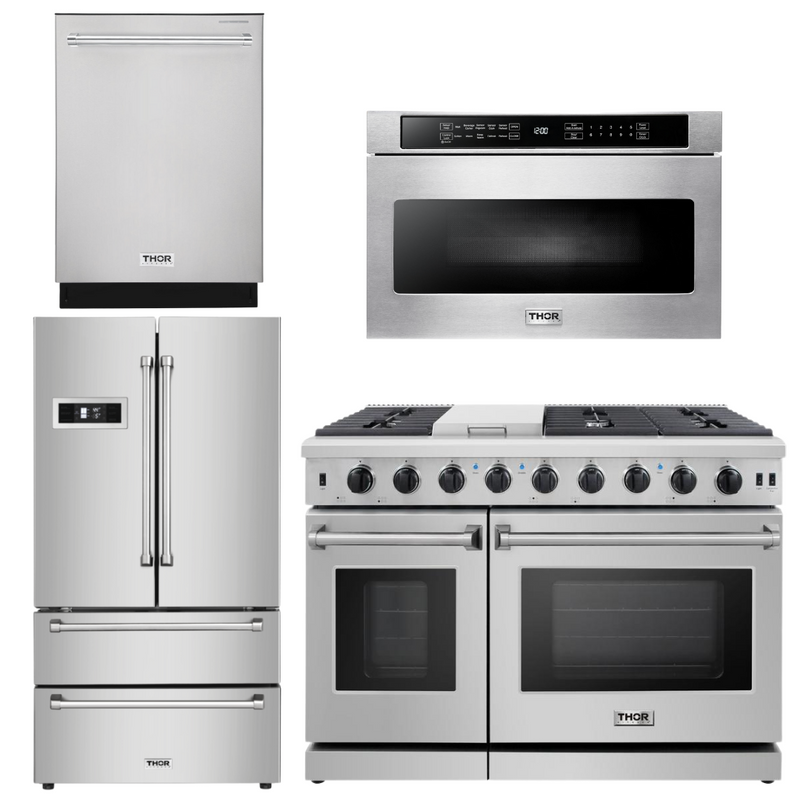 Thor Kitchen Appliance Set - 48 in. Propane Gas Range, Dishwasher, Refrigerator, Microwave Drawer, AS-LRG4807ULP-6