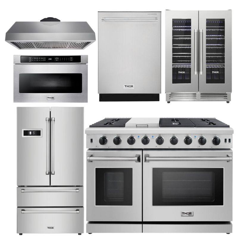 Thor Kitchen Bundle- 48 in. Propane Gas Range, Range Hood, Refrigerator, Dishwasher, Wine Cooler, Microwave, AB-LRG4807ULP-8