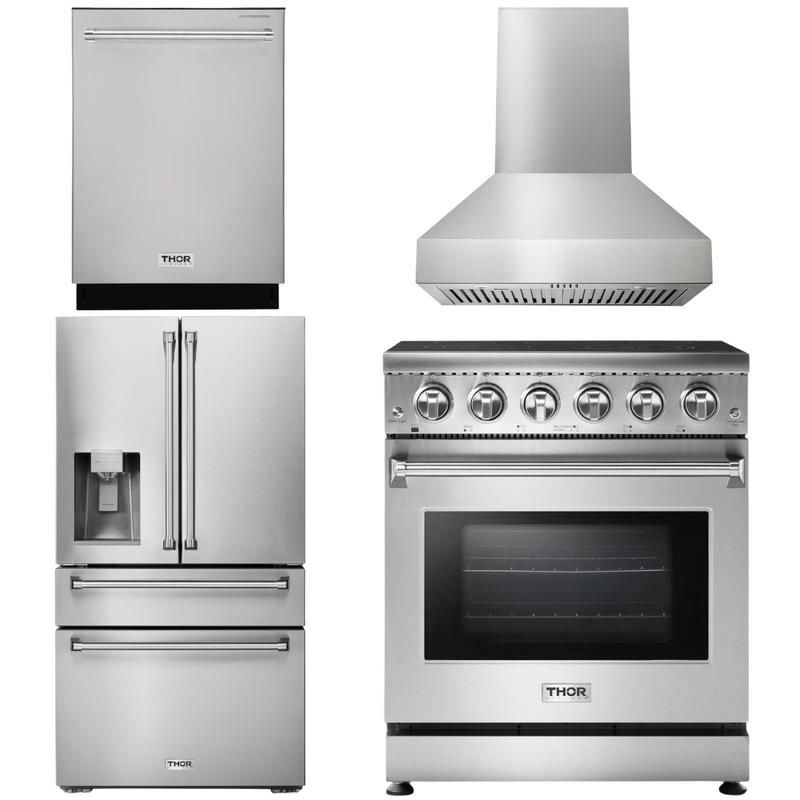 Thor Kitchen Package - Professional 30 In. Electric Range, Range Hood, Refrigerator with Water and Ice Dispenser, Dishwasher, AP-HRE3001-W-7