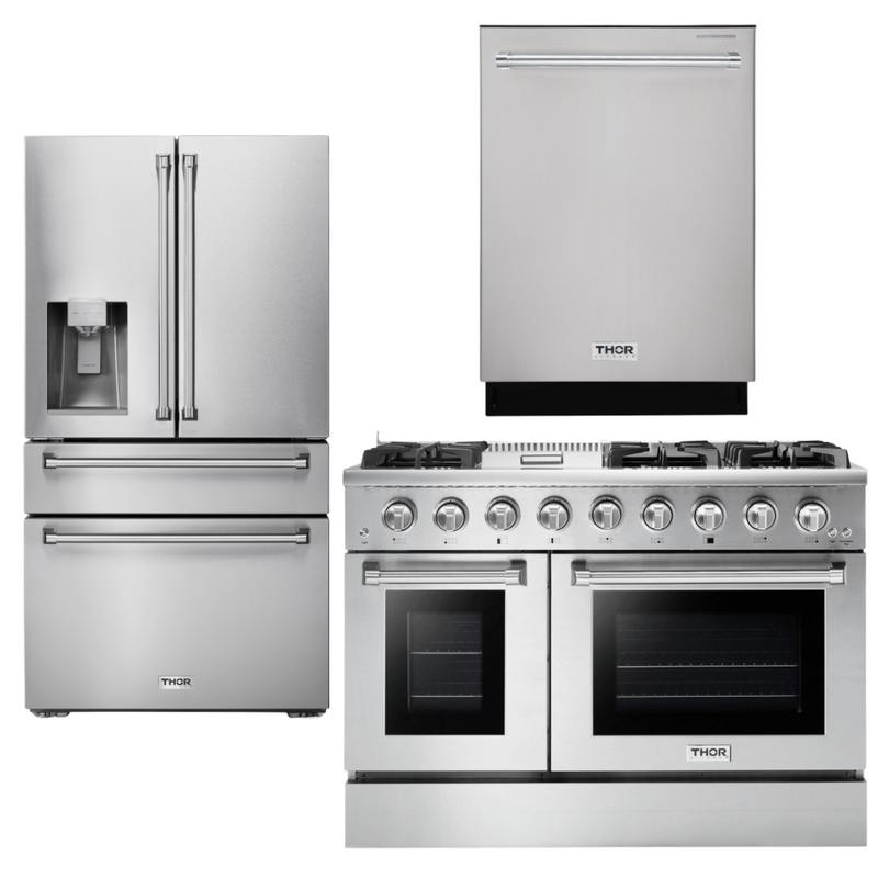 Thor Kitchen Professional Package - 48 in. Gas Range, Refrigerator with Water and Ice Dispenser, Dishwasher, AP-HRG4808U-9