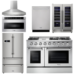 Thor Kitchen Professional Package - 48 in. Propane Gas Range, Range Hood, Refrigerator, Dishwasher, Microwave Drawer, Wine Cooler, AP-HRG4808ULP-W-6