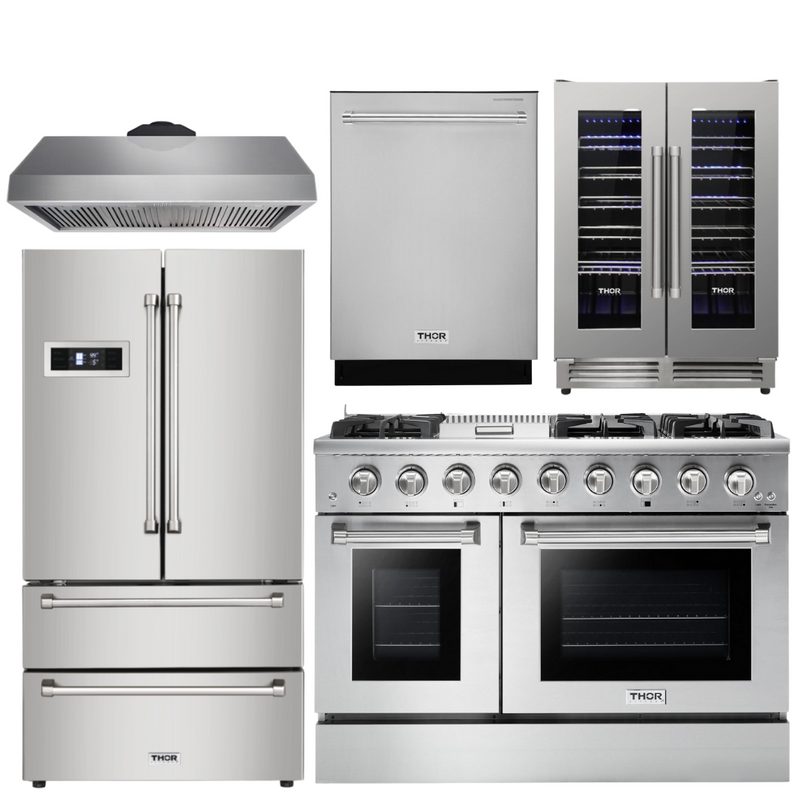 Thor Kitchen Professional Appliance Set - 48 in. Gas Range, Range Hood, Refrigerator, Dishwasher, Wine Cooler, AS-HRG4808U-4