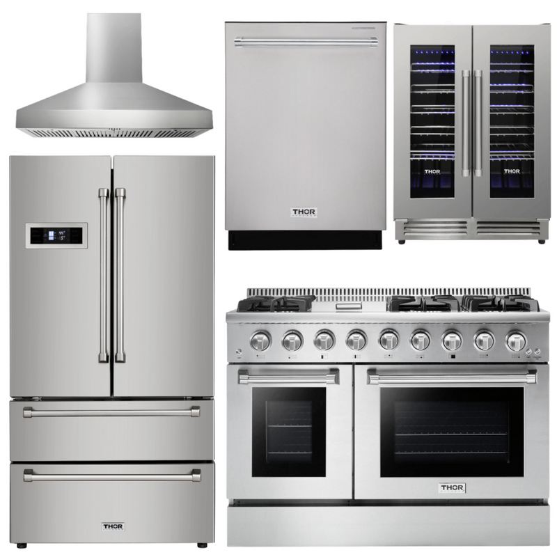 Thor Kitchen Professional Appliance Set - 48 in. Propane Gas Range, Range Hood, Refrigerator, Dishwasher, Wine Cooler, AS-HRG4808ULP-W-3