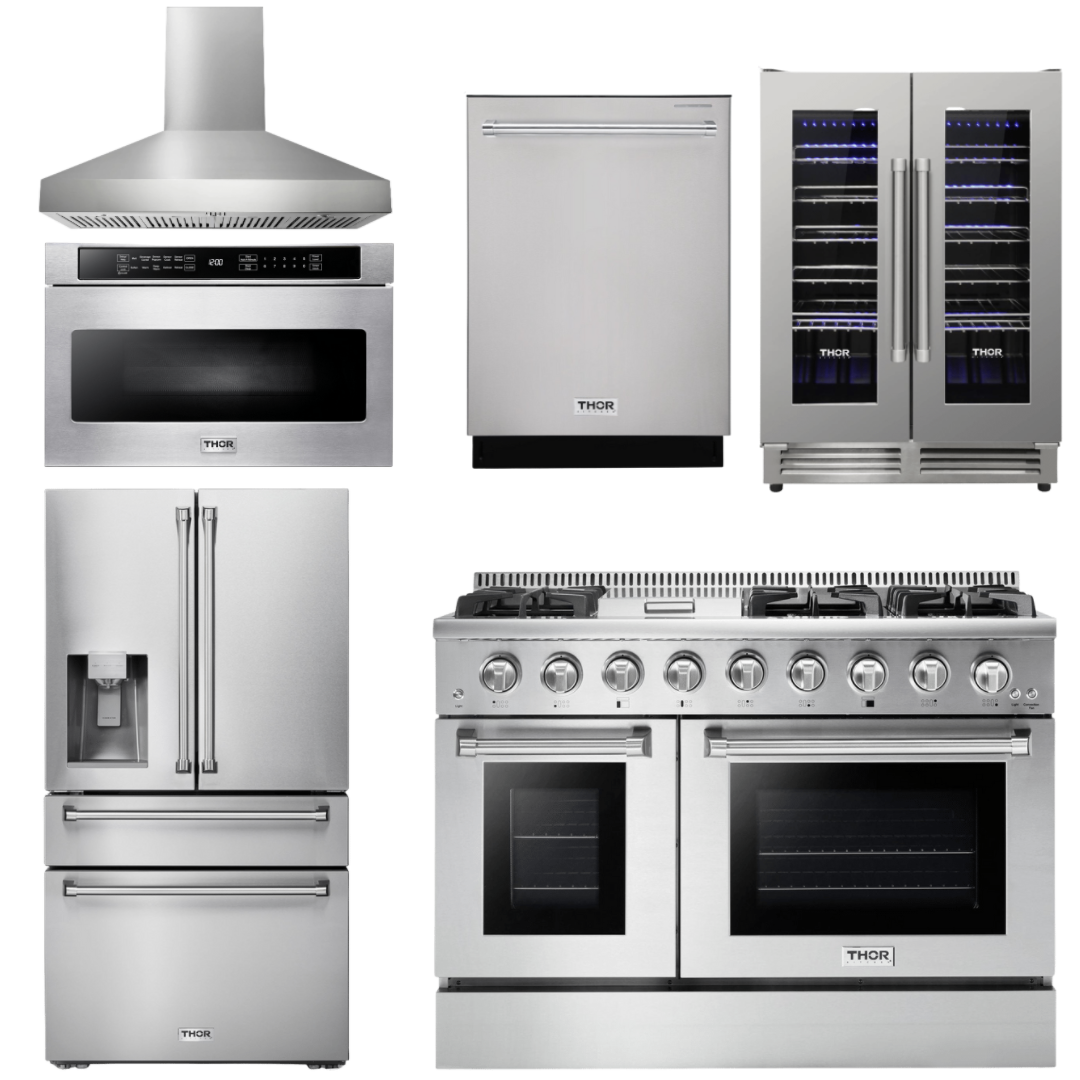 Thor Kitchen Appliance Package - 48 in. Propane Gas Range, Range Hood, Refrigerator with Water and Ice Dispenser, Dishwasher, Microwave Drawer, Wine Cooler, AP-HRG4808ULP-W-10
