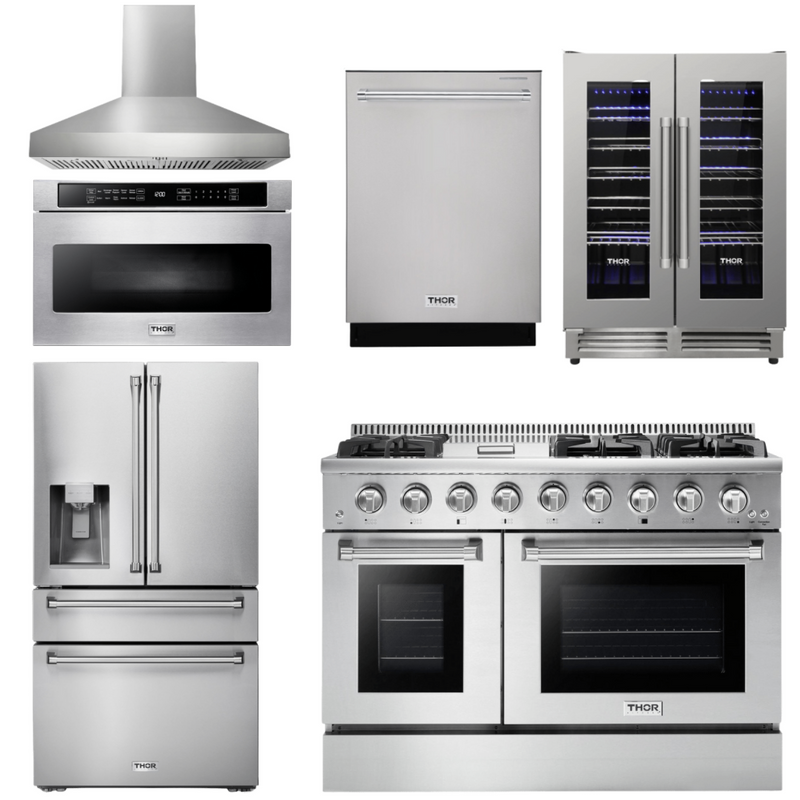 Thor Kitchen Appliance Package - 48 in. Propane Gas Range, Range Hood, Refrigerator with Water and Ice Dispenser, Dishwasher, Microwave Drawer, Wine Cooler, AP-HRG4808ULP-W-10