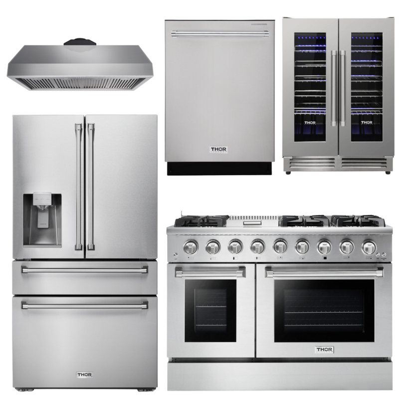 Thor Kitchen Professional Package - 48 in. Propane Gas Range, Range Hood, Refrigerator with Water and Ice Dispenser, Dishwasher, Wine Cooler, AP-HRG4808ULP-11