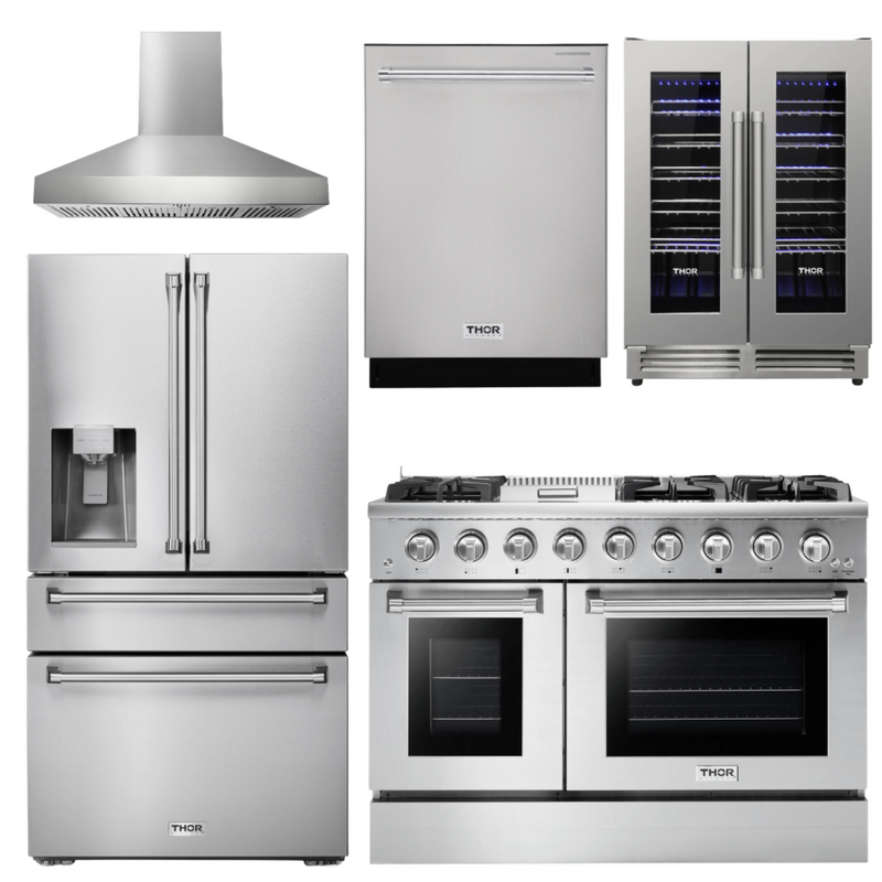 Thor Kitchen Appliance Set - 48 in. Gas Range, Range Hood, Refrigerator with Water and Ice Dispenser, Dishwasher, Wine Cooler, AS-HRG4808U-W-8