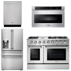 Thor Kitchen Professional Package - 48 in. Gas Range, Refrigerator with Water and Ice Dispenser, Dishwasher, Microwave Drawer, AP-HRG4808U-12