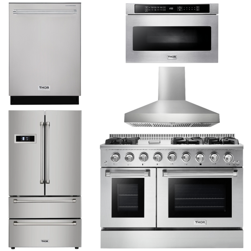 Thor Kitchen Professional Package 48 in. Gas Range, Range Hood, Refrigerator, Dishwasher, Microwave Drawer, AP-HRG4808U-W-5