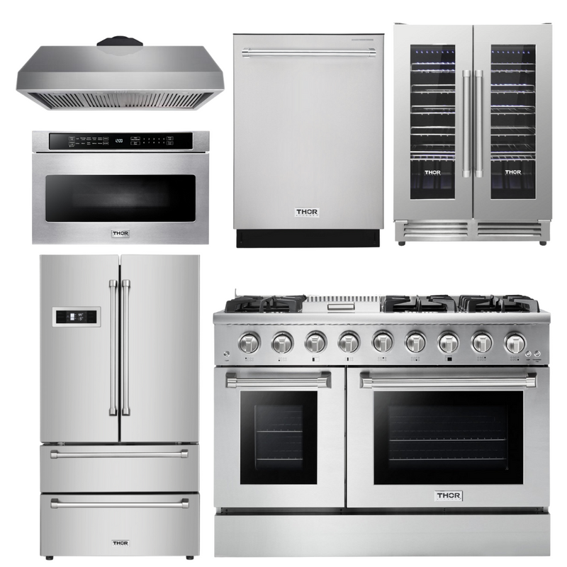 Thor Kitchen Appliance Bundle - 48 in. Gas Range in 6 Piece Kitchen Bundle, AB-HRG4808U-8