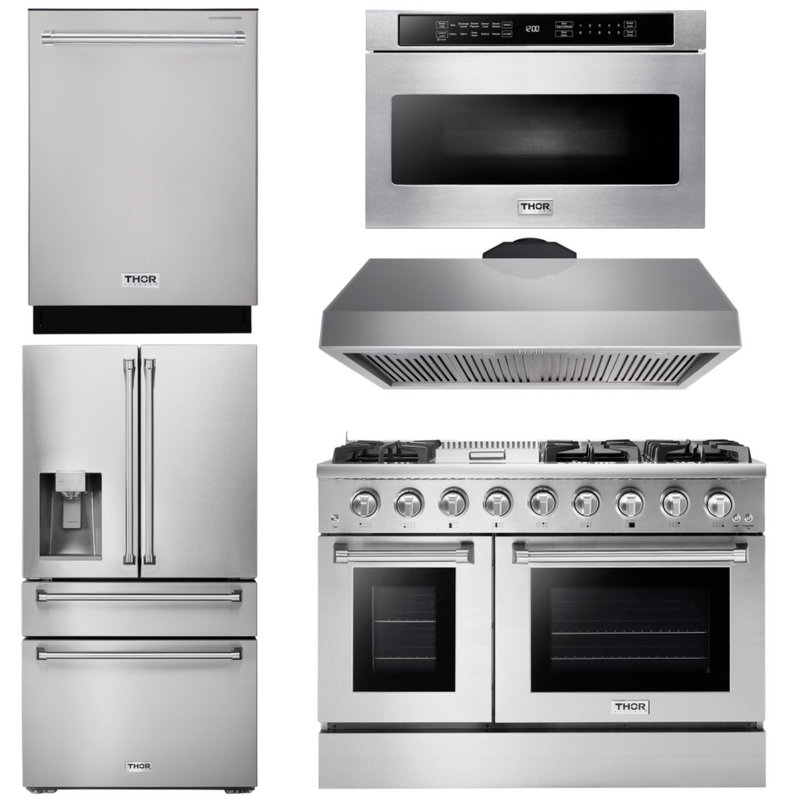 Thor Kitchen Professional Package 48 in. Propane Gas Range, Range Hood, Refrigerator with Water and Ice Dispenser, Dishwasher, Microwave Drawer, AP-HRG4808ULP-13