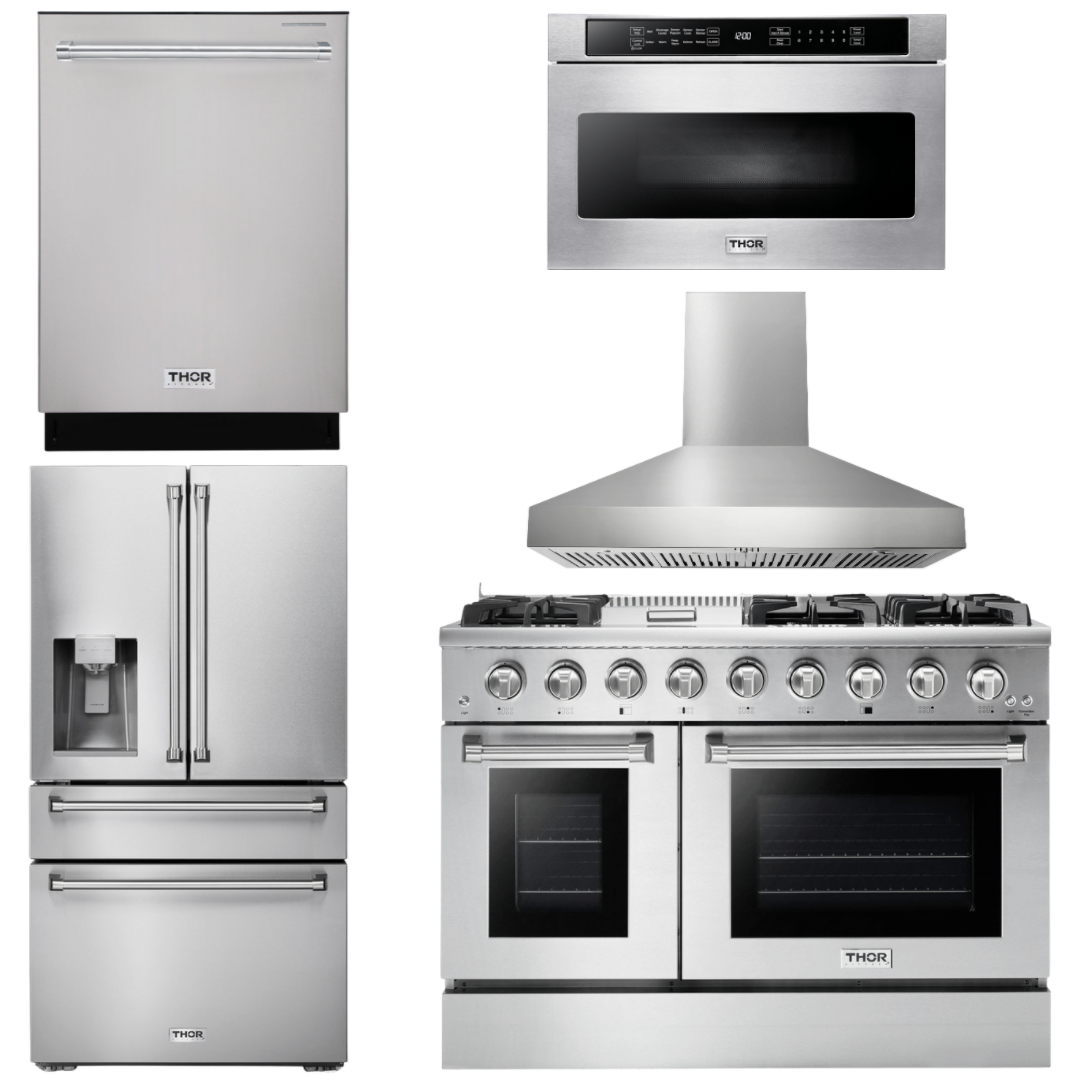 Thor Kitchen Appliance Package 48 in. Propane Gas Range, Range Hood, Refrigerator with Water and Ice Dispenser, Dishwasher, Microwave Drawer, AP-HRG4808ULP-W-9