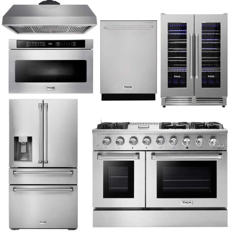 Thor Kitchen Appliance Bundle - 48 in. Gas Range in a 6 Piece Kitchen Bundle, AB-HRG4808U-14