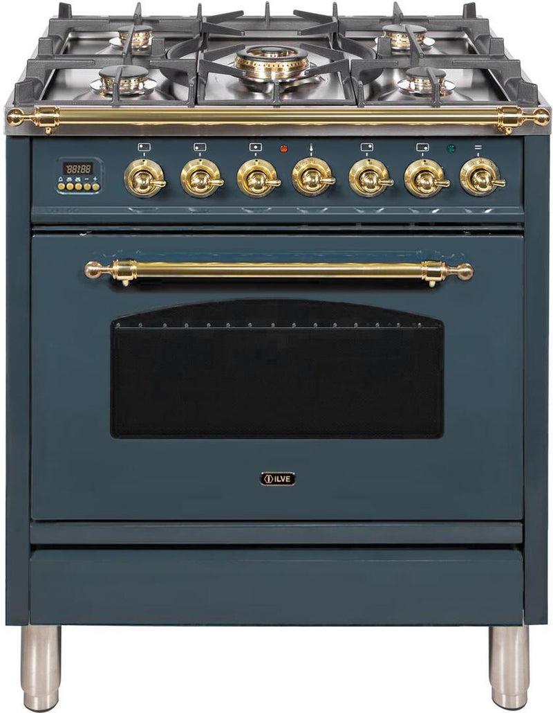 ILVE 30 in. Nostalgie Series Single Oven Propane Gas Burner and Electric Oven Range in Blue Grey with Brass Trim, UPN76DMPGULP