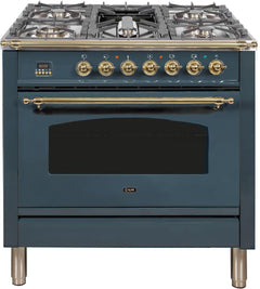 ILVE 36 in. Nostalgie Series Propane Gas Burner and Electric Oven Range in Blue Grey with Brass Trim, UPN90FDMPGULP